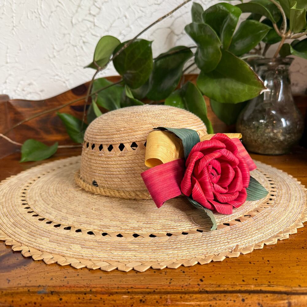 Handwoven Straw Sun Hat Floral Wide Brim Cottagecore Prairie Boho Garden Hat